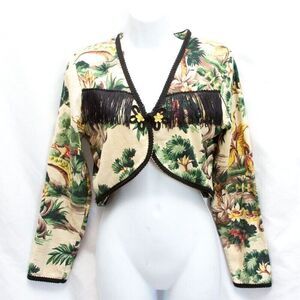 Vgt Jet Rag Fringed Cropped Bolero Evening Jacket Bold Colorful Tropical Print M